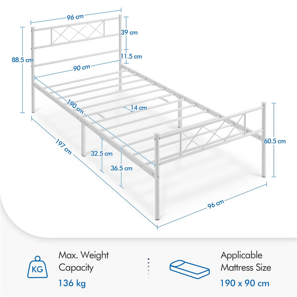 Costoffs Bed Frame, Simple Metal Bed Frame, Metal-Framed Bed Base with Storage, Bed Foundation for Small Space, Easy Assembly Bed Foundation with Cross-design Headboard and Footboard for Bedrooms, Single/Double/king, Black/White/Pink