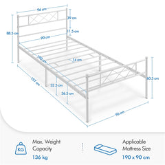 Costoffs Bed Frame, Simple Metal Bed Frame, Metal-Framed Bed Base with Storage, Bed Foundation for Small Space, Easy Assembly Bed Foundation with Cross-design Headboard and Footboard for Bedrooms, Single/Double/king, Black/White/Pink