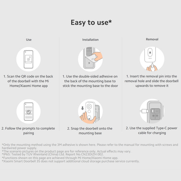 Xiaomi Smart Doorbell 3s,180° Ultra-Wide View 2k Resolution,Superior Night Vision,Professional Ip65 Water,Two Power Supply Modes 5200mah Battery, Free, Rolling 72-Hour Cloud Storage