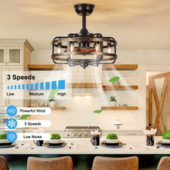 45.72cm Vintage Industrial Ceiling Fan with Light Remote Control, Reversible Black Caged Farmhouse Flush Mount Silent Motor, 3 Speeds Timer Ceiling Fan Light, for Dining Room Bedroom Farmhouse Kitchen