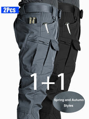 2pcs Men'S Tactical Cargo Pants, Multi-Pocket Casual Style, Elasticity Composite Fabric, Breathable, Suitable for Casual Outing, Hiking, Outdoor Sports, Worn by Middle-Aged And Elderly, Spring And Autumn Style (Belt Excluded)