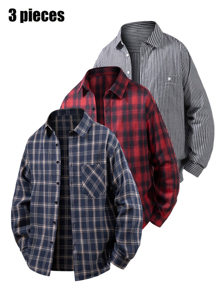 3pcs Set - Men'S Spring/Autumn Collared Checkered Shirt Youth Outdoor Casual Trendy Top Men'S Fashion Versatile Jacket