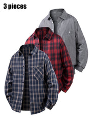 3pcs Set - Men'S Spring/Autumn Collared Checkered Shirt Youth Outdoor Casual Trendy Top Men'S Fashion Versatile Jacket