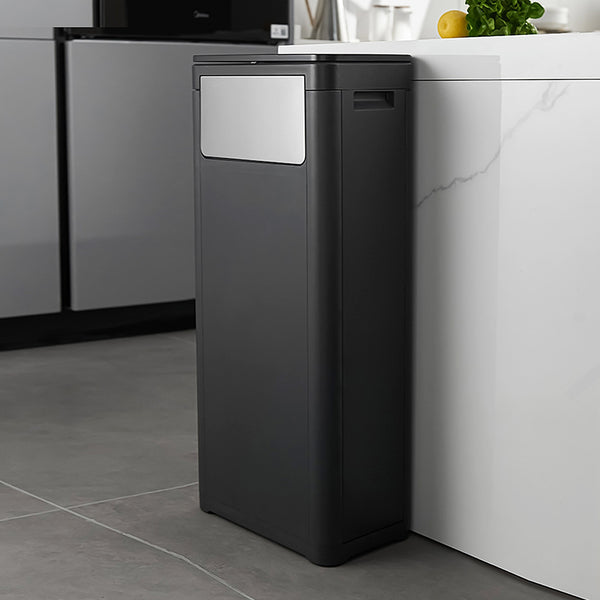 32L Double-Opening Large Capacity Assembled Garbage Bin, Black Plastic Waste Container, Featuring Press/Push Lid Opening Mechanism, Ideal for Kitchen, Living Room, Bedroom, Bathroom, And Commercial Use