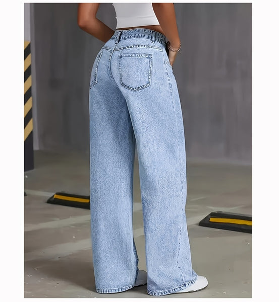 Women's New Fashion Stretchy Straight Jeans, Loose Comfort Fit Wide Leg Jeans, Acid Washed Light Blue Denim Trousers with Pockets, Elegant Women's Clothing, High Waisted Tummy Control Pantalones. Baggy Casual Pants for Travel, Work and Office Wear.