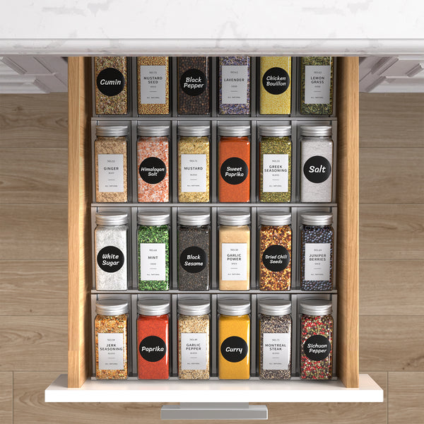 Vinsani 25pcs Glass Spice Jars Set 4oz – Airtight Herb & Spice Storage Bottles with Writable Labels, Dual Shaker Lids & Funnel – Square Empty Jars for Kitchen Cupboard Pantry Organiser
