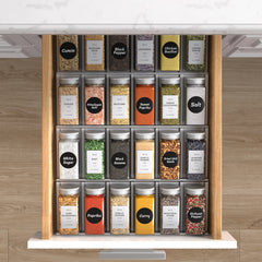 Vinsani 25pcs Glass Spice Jars Set 4oz – Airtight Herb & Spice Storage Bottles with Writable Labels, Dual Shaker Lids & Funnel – Square Empty Jars for Kitchen Cupboard Pantry Organiser