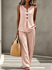 Spring Summer Women's Matching 2pcs Sets, V-Neck Sleeveless Button Top & Flowy Wide Leg Pants, Casual Resort Style Loungewear, Perfect for Summer Holiday, Staycation & Casual Outings, Holiday Essential