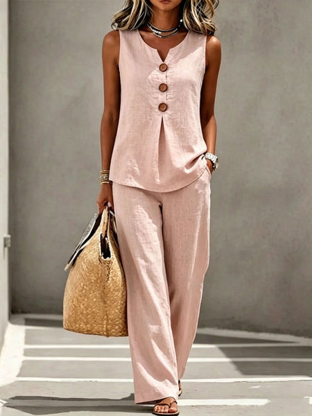 Spring Summer Women's Matching 2pcs Sets, V-Neck Sleeveless Button Top & Flowy Wide Leg Pants, Casual Resort Style Loungewear, Perfect for Summer Holiday, Staycation & Casual Outings, Holiday Essential