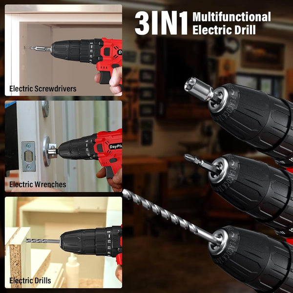 Cordless Drill Driver 21V, Electric Drill Kit with LI-ion Battery, Cordless Combi Screwdriver 25+1 Torque, 45N.m Max, 32pcs Accessory, 2 Variable Speed, LED Light for Home and Garden DIY Project 3/8