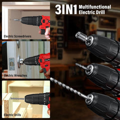 Cordless Drill Driver 21V, Electric Drill Kit with LI-ion Battery, Cordless Combi Screwdriver 25+1 Torque, 45N.m Max, 32pcs Accessory, 2 Variable Speed, LED Light for Home and Garden DIY Project 3/8