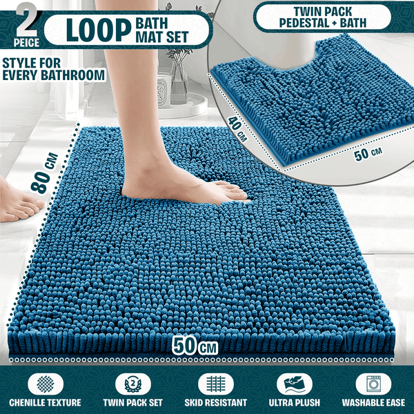 2-Piece Loop Bathroom Mat Set | Soft Chenille Microfiber Rugs with Non-Slip Backing | Machine Washable | Includes 50x80cm Bath Mat & 50x40cm Pedestal Mat | Stylish, Comfy & Durable | UK STOCK | LOCAL WAREHOUSE