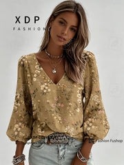 2D Flat Print Retro Western Style Shirt| V-neck Women's Long-sleeved Top with Colorful Small Floral Print, Bohemian Style Lantern Sleeve Design, Machine Washable, Suitable for Casual Attire and Vacations, 2D Flat