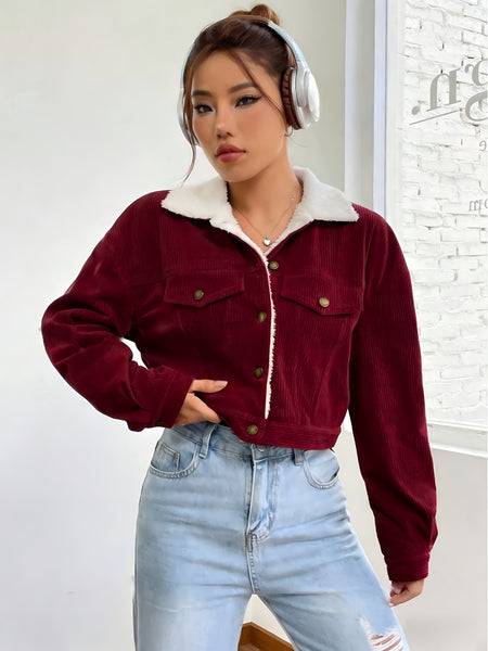 Women'S Short Corduroy And Lamb Jacket for Autumn And Winter, Featuring a Fleece Collar, Versatile Korean-Style Warm Top