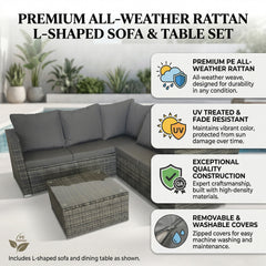 Rattan Corner Sofa Garden Furniture Set with Glass Dining Table Cushion Outdoor Patio Yard