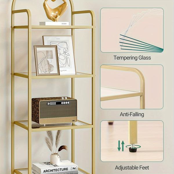 Bookcase Bookshelf, Tempered Glass Bookshelves, Slim Shelving Unit for Bedroom, Bathroom, Home Office, Steel Frame, 6 Tier Golden, Standing Shelf