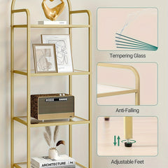 Bookcase Bookshelf, Tempered Glass Bookshelves, Slim Shelving Unit for Bedroom, Bathroom, Home Office, Steel Frame, 6 Tier Golden, Standing Shelf