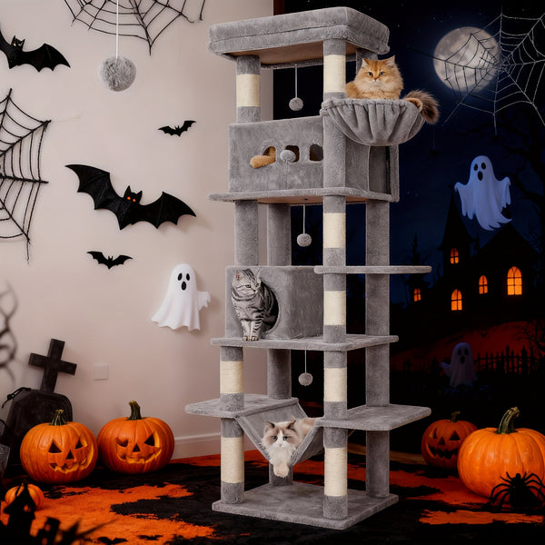 Cat Tree for Indoor Cats, 210cm Large Tall Cat Tower, Multi-Level Cats House with Condo, 8 Scratching Posts, Hammock, 4 Pom Poms