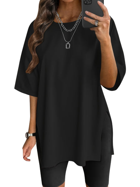 3pcs Oversized Women'S Loose Top Round Neck Casual Basic Shirt Fashion Side Slit Loose Short Sleeve T-Shirt