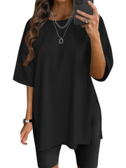 3pcs Oversized Women'S Loose Top Round Neck Casual Basic Shirt Fashion Side Slit Loose Short Sleeve T-Shirt