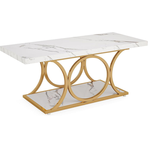 Rectangle Coffee Table, 47.24-inch Modern Coffee Tables for Living Room, 2-Tier Faux Marble Wood Coffee Table with Geometric Legs, Furniture with Storage Shelf (White & Gold)