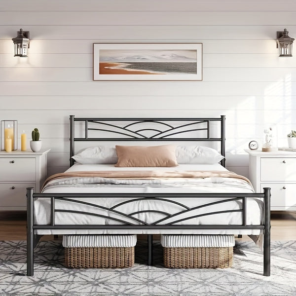 Sleek Black Metal Bed Frame Featuring a Stylish Headboard | Durable Steel Build | Silent Operation | Accommodates Various Mattress Sizes | Perfect for Bedrooms, Dormitories, Or Rental Spaces