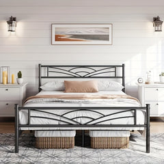 Sleek Black Metal Bed Frame Featuring a Stylish Headboard | Durable Steel Build | Silent Operation | Accommodates Various Mattress Sizes | Perfect for Bedrooms, Dormitories, Or Rental Spaces
