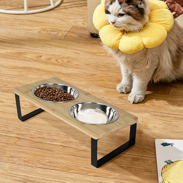 Raised Cat Food Bowl Elevated Pet Feeder With 2 Stainless Steel Bowls, 15°Tilted Stand Indoor Cats Double Dishes Feeding Station, 33*16*12cm