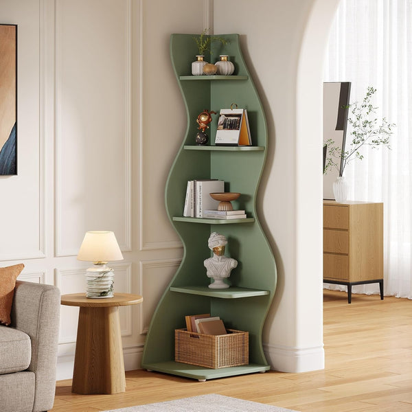 Wavy Office BookShelf, Modern 5-Tier Bookshelf Bookcase with Curvy Shape, Unique Plant Stand Display Rack for Living Room Small Space (Green)