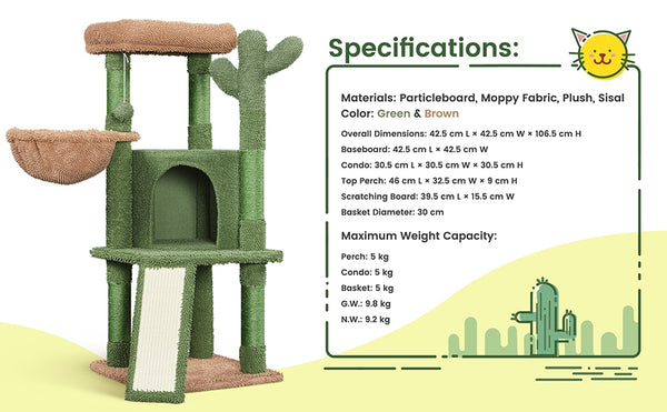 Costoffs Cat Tree, 107cm Cactus Cat Tree, Cat Furniture with Natural Sisal, Cactus Cat Tower with Platform, Condo, Basket, Scratching Posts, Board & Hanging Ball, Cat Furniture for Small/Medium Cats