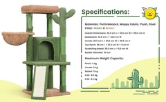 Costoffs Cat Tree, 107cm Cactus Cat Tree, Cat Furniture with Natural Sisal, Cactus Cat Tower with Platform, Condo, Basket, Scratching Posts, Board & Hanging Ball, Cat Furniture for Small/Medium Cats
