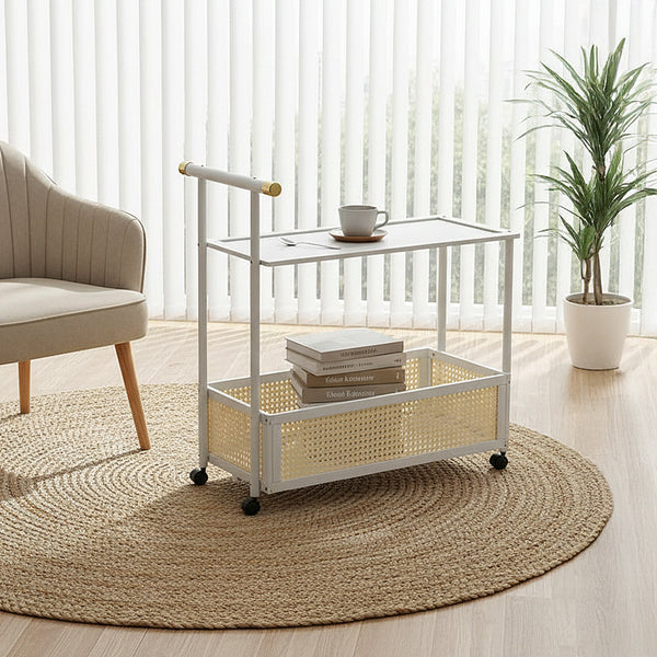 1PC Multifunctional Living Room Side Table with Wheels, Mobile Coffee Table Featuring Storage Basket and Shelves, Modern Storage Rack, Suitable for Living Rooms, Bedrooms, and Offices