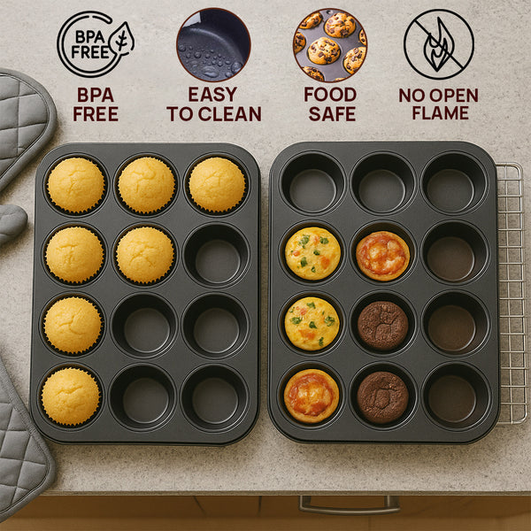 ANGIX 6 & 12 Cup Muffin Tray Nonstick - Dishwasher Safe Cupcake Tins for Baking | Non-Stick Pan Muffin Trays, Baking Mould for Muffins or Cupcakes, Bakeware - (Black)
