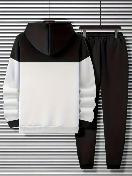 Men'S Fall Winter Striped Print Patchwork Contrast Hoodie And Joggers