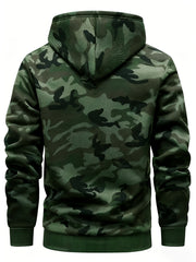 Men's Casual Zip-Up Hooded Jacket with Letter Print, Black & Beige Contrast, Regular Fit, Machine Washable, Front Pockets for Outdoor & Casual Attire