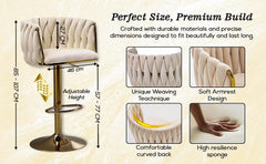 Set of 2 x Velvet Woven Upholstered Adjustable High Swivel Breakfast Bar Pub Home Stool Chair With Gold Metal base & Gas Lift (Cream/Gold)