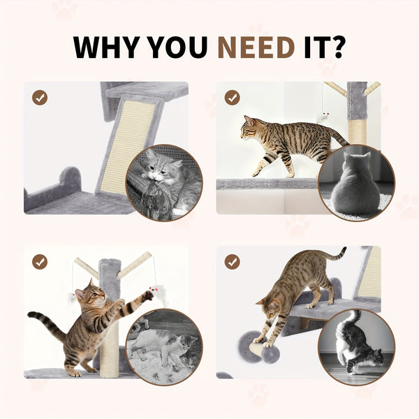 Pet Wall Furniture, 3pcs Cat Shelves with Scratching Posts, Scratching Pads, Perches, Cat Wands, Toy Balls, Corner Design Cat Wall Shelves for Indoor Cats, Kittens, Light Grey