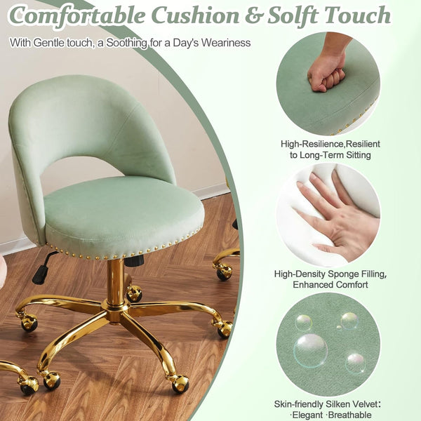 Office Chair Velvet Fabric Swivel Computer Desk Chair Comfy Armless Vanity Task Chair With Adjustable Height, Ergonomic Chair for Home Bedroom (Delicate Lilac)
