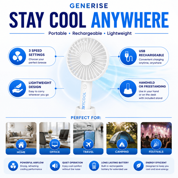 UK LOCAL SELLER - 3 Speed Rechargeable Portable Handheld Fan 21cm – USB Charging Mini Cooling Fan with Built-in Battery, Lightweight 165g, 2-in-1 Handheld & Desk Use with Stand for Home, Office, Travel & Outdoor Use | Sent and Fulfilled from UK Warehouse