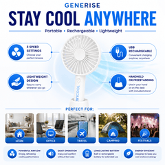 UK LOCAL SELLER - 3 Speed Rechargeable Portable Handheld Fan 21cm – USB Charging Mini Cooling Fan with Built-in Battery, Lightweight 165g, 2-in-1 Handheld & Desk Use with Stand for Home, Office, Travel & Outdoor Use | Sent and Fulfilled from UK Warehouse