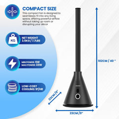 Schallen Bladeless Tower Fan with 9 Speed Settings, 8 Hour Timer, Oscillating Cooling Fan with Digital Display and Remote Control, Quiet DC Motor Free Standing Floor Fan for Home Office Bedroom, Modern Black and Grey Slim Tower Fan with Safe Bladeless Tec