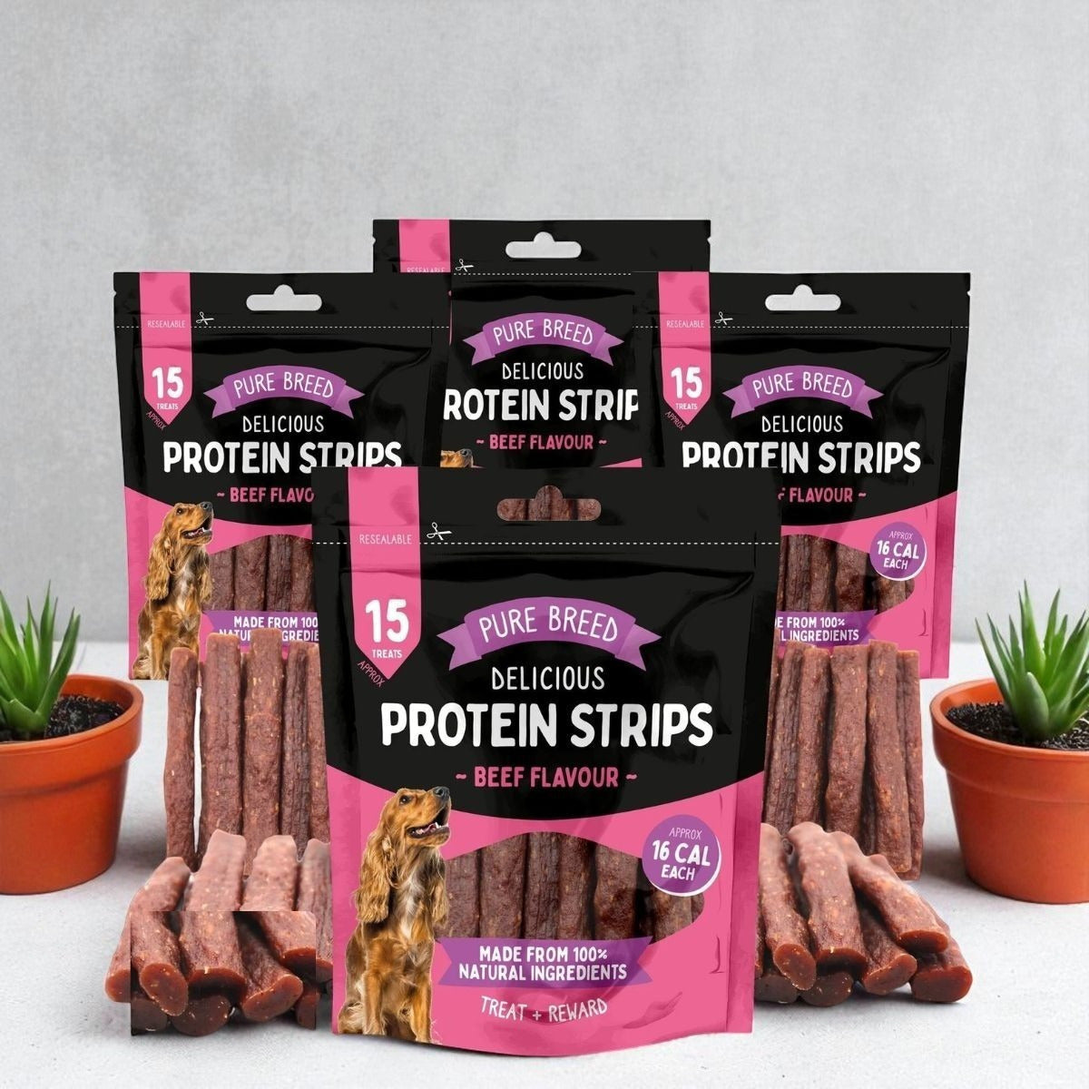 Delicious Protein Strips Beef Flavour, High Protein Dog Treats, Chewy Training Snacks, Easily Digestible in Resealable Pack