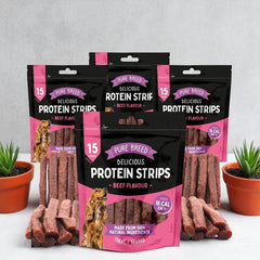 Delicious Protein Strips Beef Flavour, High Protein Dog Treats, Chewy Training Snacks, Easily Digestible in Resealable Pack