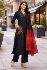 TeamWear* Womens Cotton Embroidered Neck and Dual Pockets Kurta Set with Palazzo and Contrast Dupatta