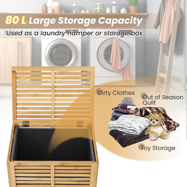 GOFLAME 80 L Bamboo Laundry Hamper, Clothes Laundry Basket W/ Lid & Handles, Removable Liner Bag, Spacious Storage Space, Laundry Organizer for Bathroom, Living Room, Bedroom, Easy Assembly