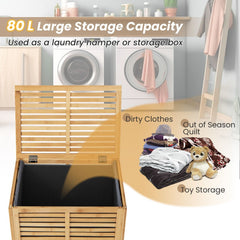 GOFLAME 80 L Bamboo Laundry Hamper, Clothes Laundry Basket W/ Lid & Handles, Removable Liner Bag, Spacious Storage Space, Laundry Organizer for Bathroom, Living Room, Bedroom, Easy Assembly
