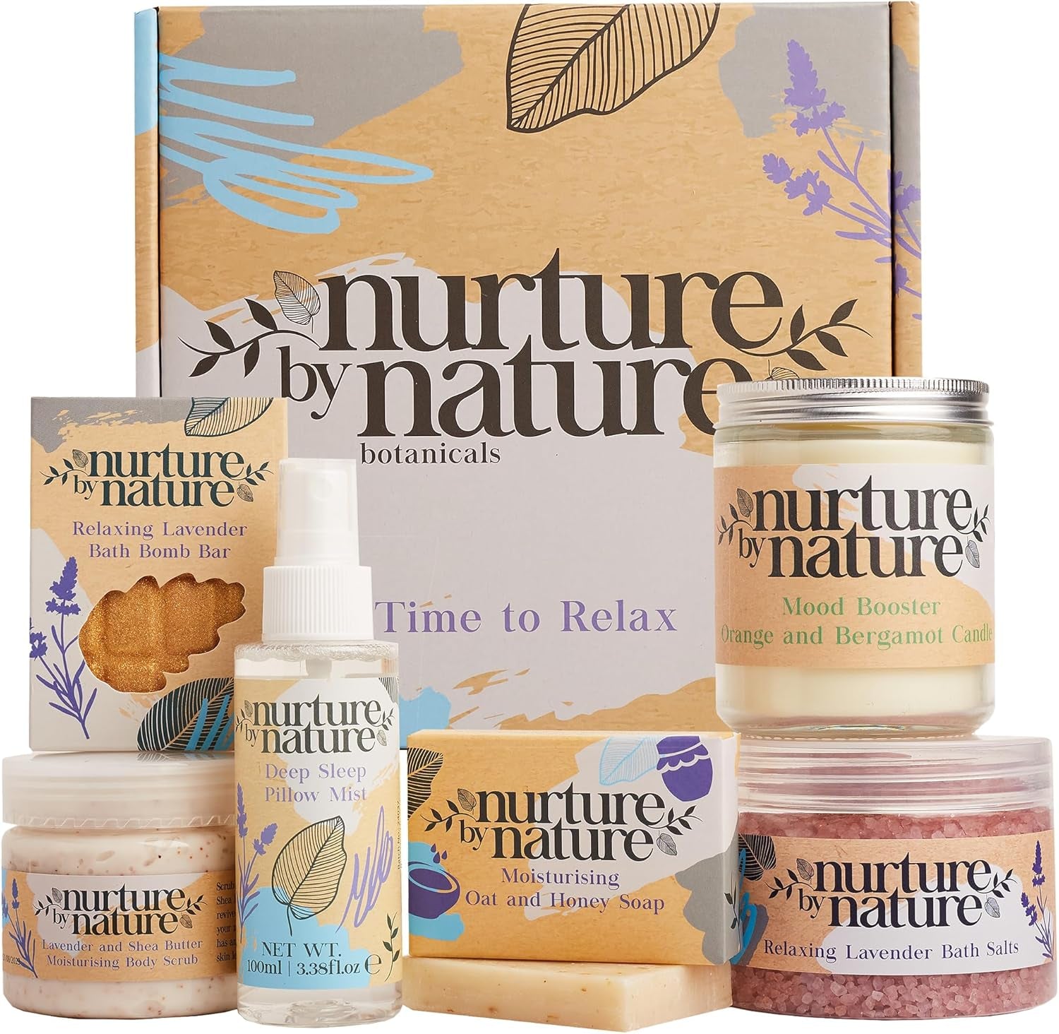 Nurture by Nature RELAX & CALM Pamper Gifts for Women - Mothers Day Hamper - Relaxation Gifts for Women with Lavender Mist, Bath Salts, Candle & More - Bath Sets, Mothers Day Gifts, Spa Sets