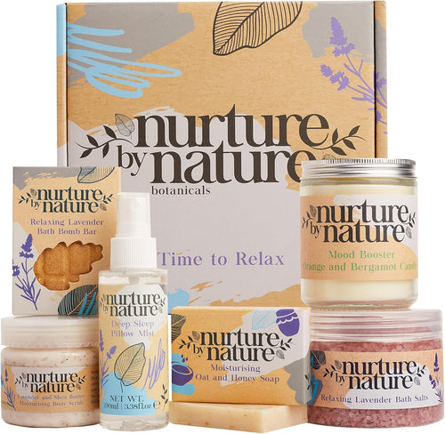 Nurture by Nature RELAX & CALM Pamper Gifts for Women - Mothers Day Hamper - Relaxation Gifts for Women with Lavender Mist, Bath Salts, Candle & More - Bath Sets, Mothers Day Gifts, Spa Sets