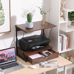 Microwave Oven Shelf Stand with Drawer, 2-Tier Kitchen Countertop Storage Rack Spices Rack Freestanding, Home Office Printer Stand Multifunctional Unit Shelving Wood Top Metal Frame