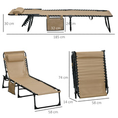 Portable Sun Lounger, Folding Camping Bed with Side Pocket and Pillow for Patio